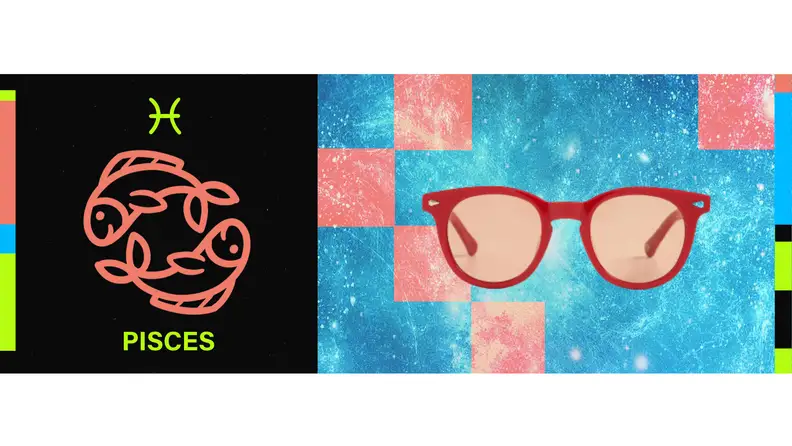On the left is the symbol for Pisces, and on the right is a pair of sunglasses with red frames and light pink lenses.