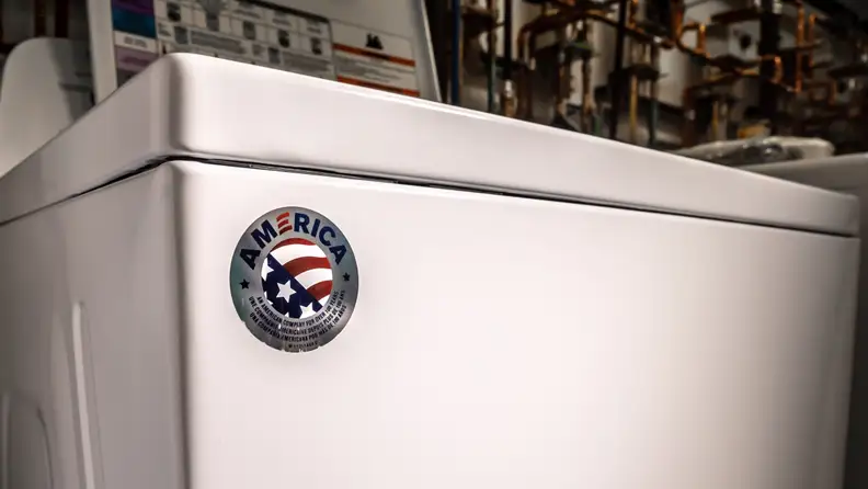 The Roper RTW4516 is made in America by the Whirlpool Corporation. It has a one year warranty.