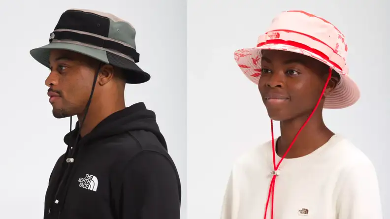 left profile of man wearing bucket hat, left profile of woman wear bucket hat