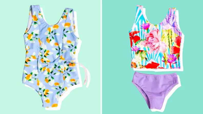 Two colorful and printed one-piece swimsuits against a green background.