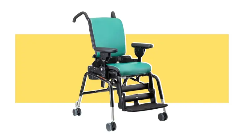 A blue Rifton Activity Chair on a yellow background.