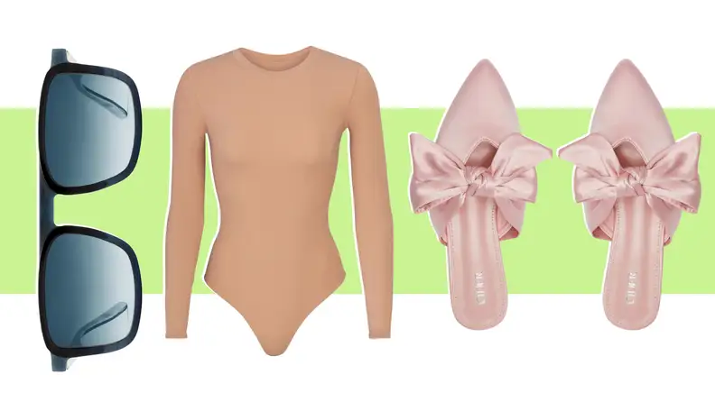 A pair of sunglasses, ballet flats with a bow, and a bodysuit.