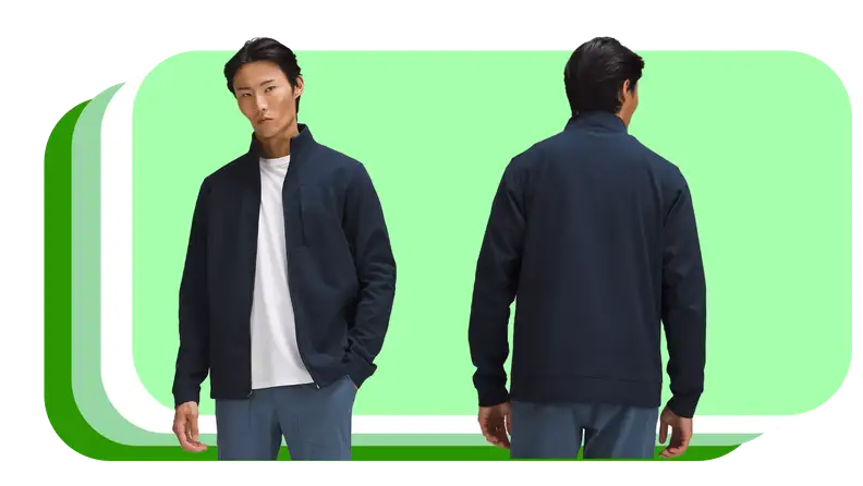 Model displaying lululemon's Soujorn navy jacket, white t-shirt,  and a blue pair of jogger pants.