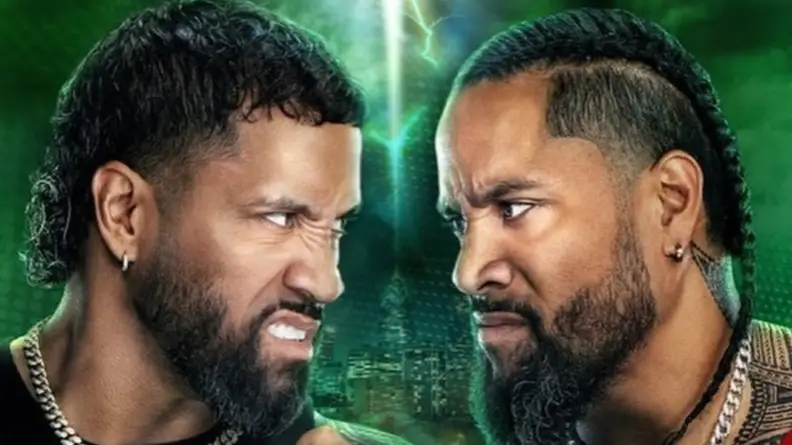 WWE superstars Jey Uso, left, and Jimmy Uso in front of a colored background.