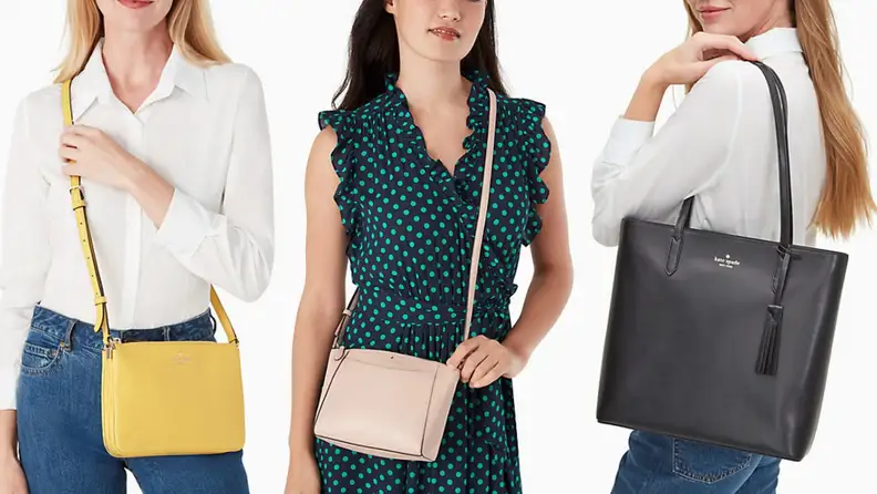 Three people holding assorted leather Kate Spade purses.