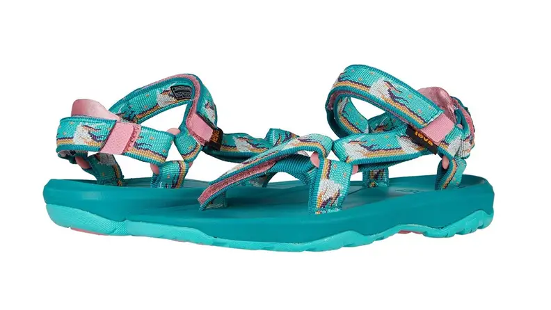 Turquoise, unicorn-covered Tevas