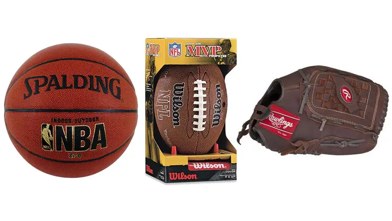 Basketball, football, and baseball glove