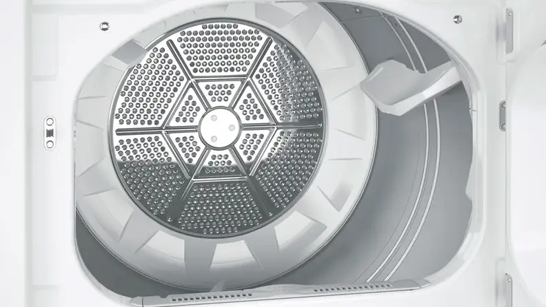 A shot of the GE GTD33EASKWW front-loading dryer's interior drum.