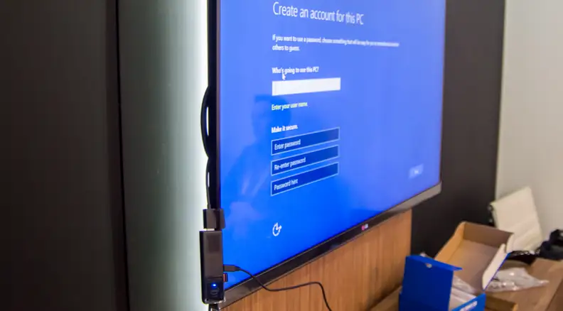 The Compute Stick goes into your TV with an HDMI port.