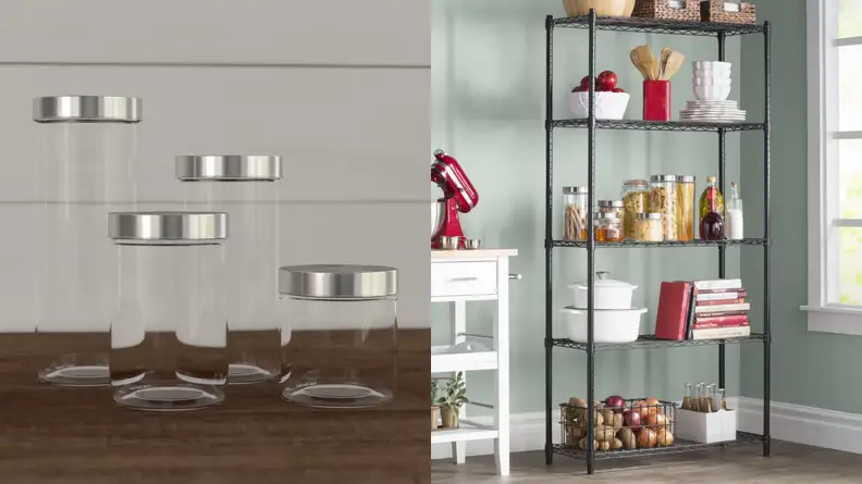 Glass jars next to a wire rack holding pantry items