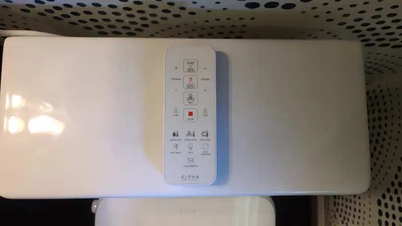 Small white remote control sitting on top toilet.