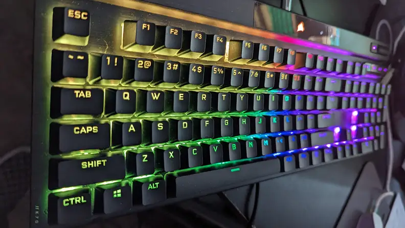 An angled shot of a glowing keyboard