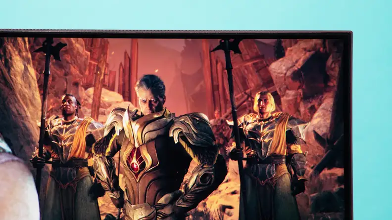 A zoomed in view of the Acer Nitro XV275K (P3biipruzx) featuring a video game on the screen.