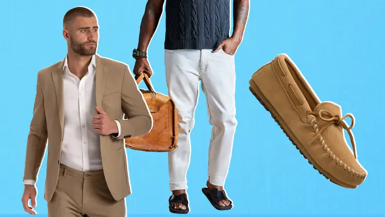 A man wearing a tan suit, a tan pair of mocassins, and a model wearing a pair of white jeans.
