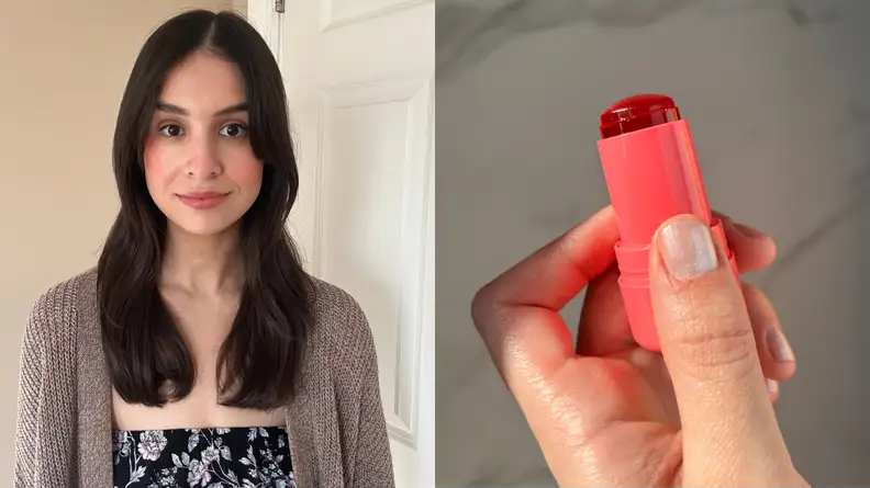 Portrait of a woman and a lip and cheek stain stick.