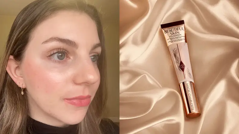 On the left: A closeup on the author wearing a full face of makeup. On the right: A squeeze tube bottle of foundation in a light shade.