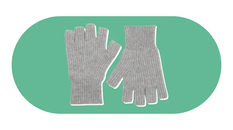 A pair of gray fingerless knit gloves.