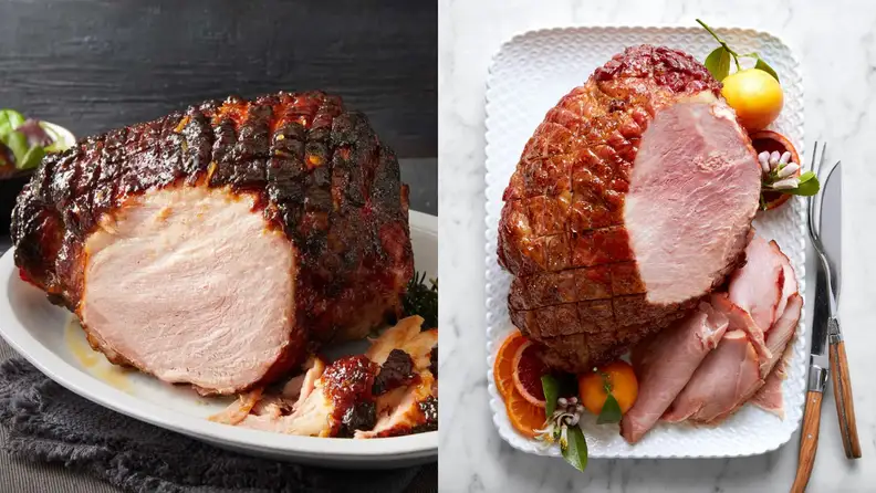 Two side-by-side pictures of ham on white dishes