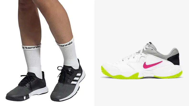 The adidas Men's GameCourt Tennis Shoes and the NikeCourt Lite 2 women's tennis shoes.