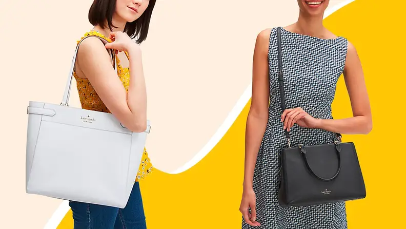 Woman carrying a white tote on left and black purse on right against yellow background