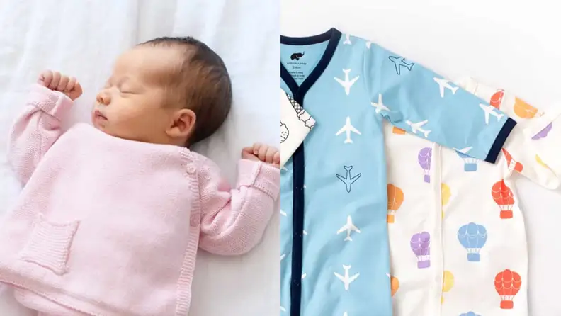 On left, newborn baby sleeping white wearing pink knit outfit. On right, assorted colorful, children's onesies.