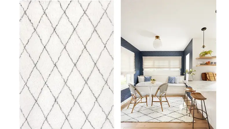 Two images of a white plush rug with a diamond pattern