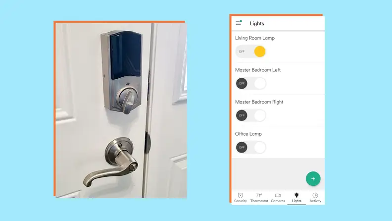 The Vivint door lock next to a screenshot of the Vivint mobile app.