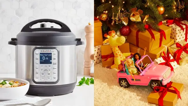 An Instant Pot, and Barbies in a jeep under a Christmas tree.