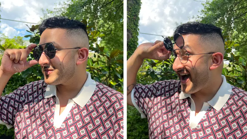 Before and after shot of the author wearing sunglasses with flip-up lenses.