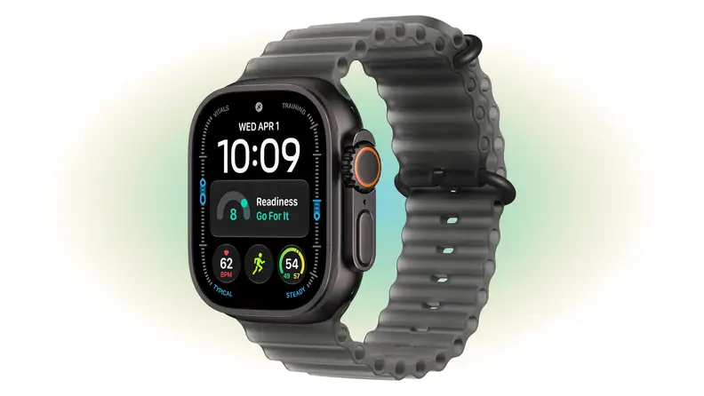 Black Apple Watch 4 Ultra on green and yellow gradient.