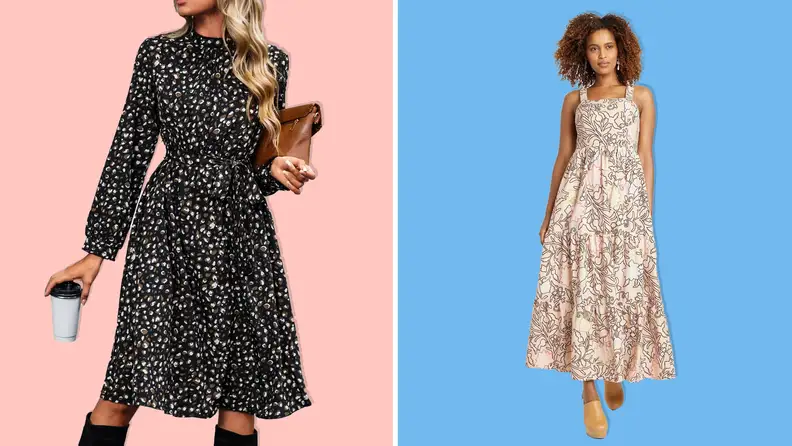 A black dress with grey and brown accents and a pale pink dress with flower accents on a pink and blue background.
