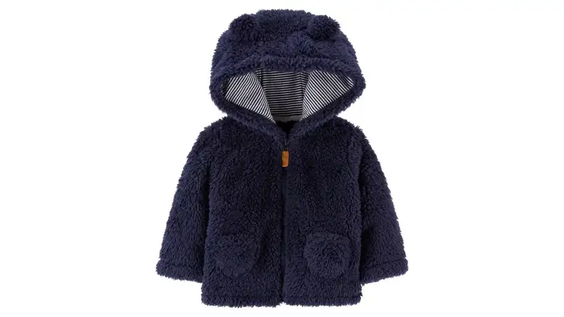 An image of a dark blue sherpa jacket with tiny pockets and a hood.