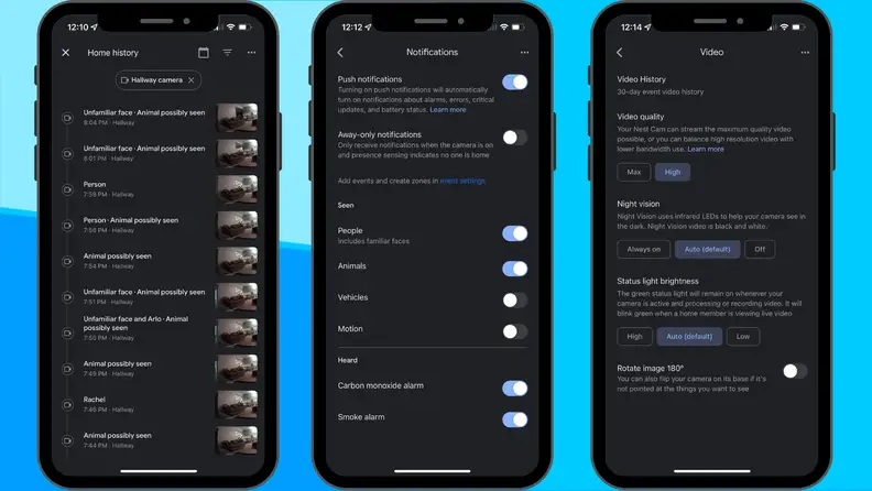 The features of the Nest Cam displayed in the Google Home app.