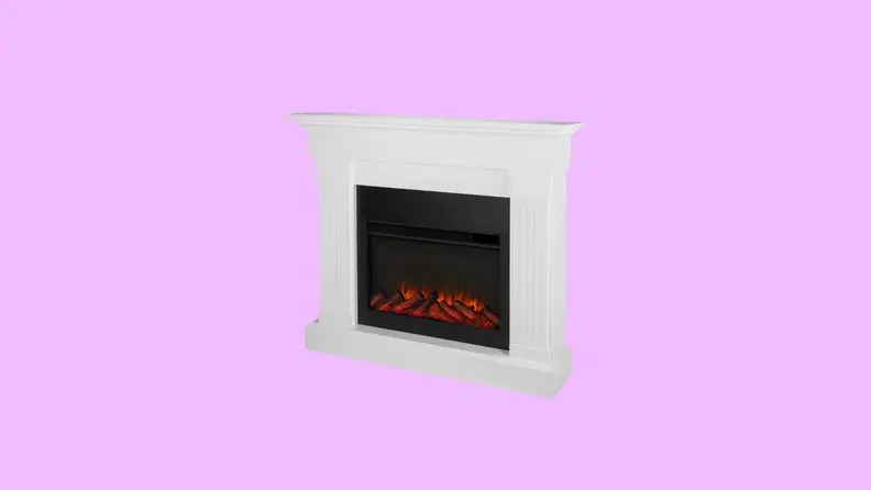 An electric fireplace in front of a background.