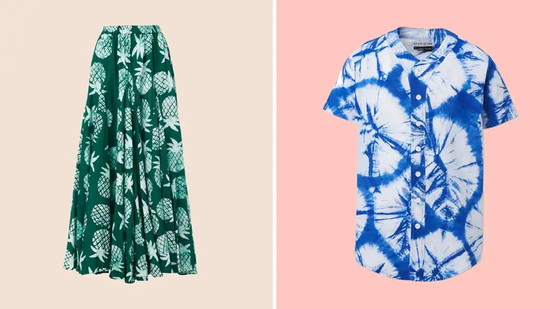A green skirt and a blue tie-dye shirt.