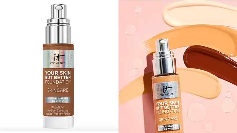 On the left, the It Cosmetics Your Skin But Better Foundation + Skincare in a tan shade sits on a white background. On the right, the same foundation sits on a pink background with fair, light, medium, and dark swatches to the upper right corner.
