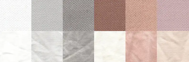 Before and after comparison of various stains resulting from Heavy Duty settings. From left to right that's clean fabric, sweat, dirt, cocoa, blood, and red wine.