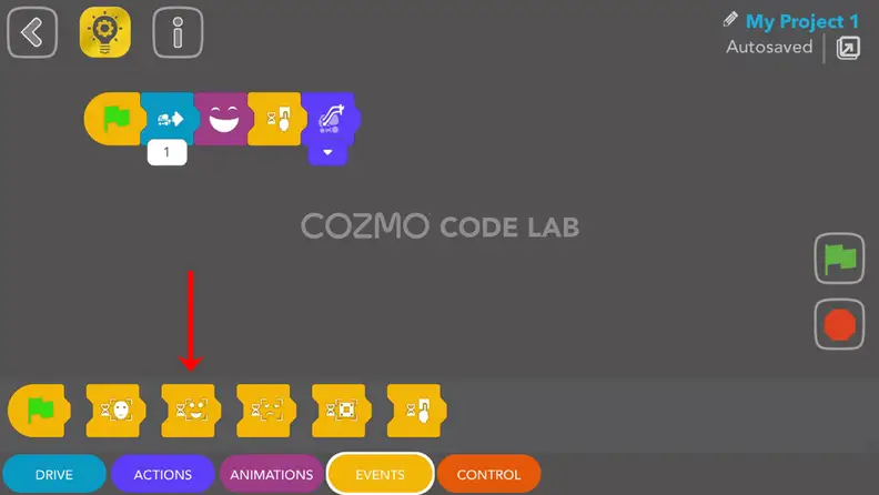 The red arrow indicates the coding block for "wait for smile".