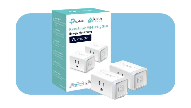 Two white plugs next to box packaging.