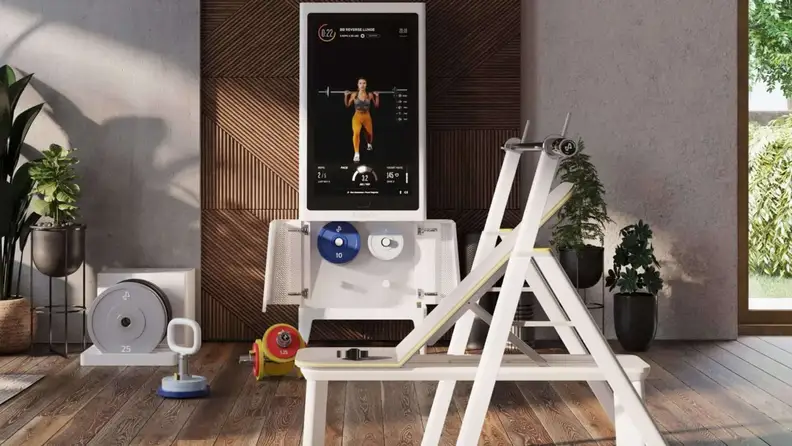 A Tempo Studio set up with the adjustable Tempo squat rack.