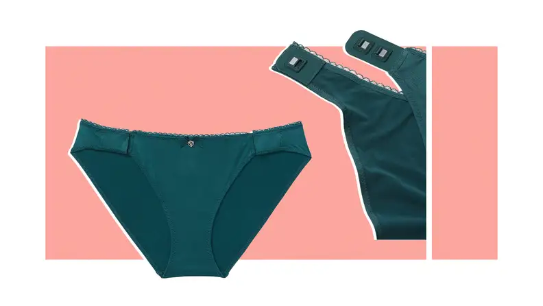 Product shots of a teal pair of VS Pink Adaptive Bikini Panty and a close-up view of the magnets.
