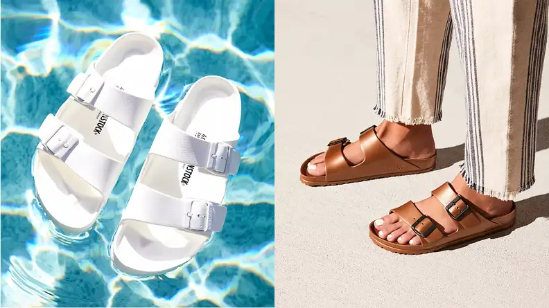 Left: white rubber Birkenstocks floating on water. Right: person wearing brown rubber sandals on sand.