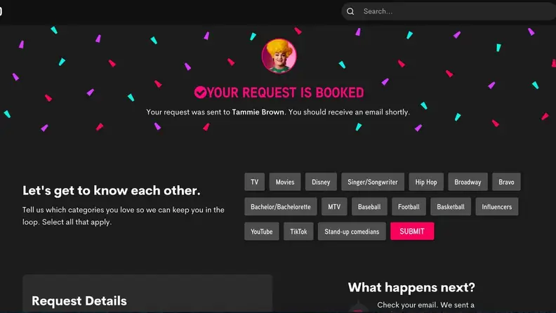 Screenshot of the Cameo service's user interface (featuring drag performer Tammie Brown).