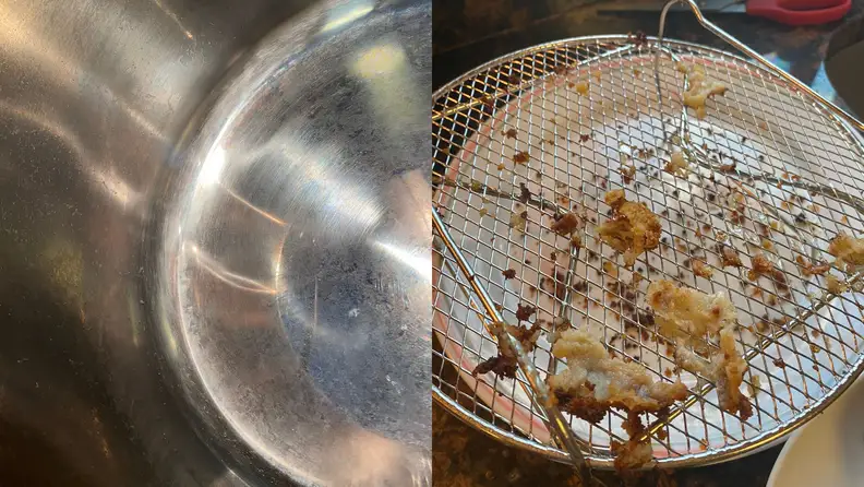 The inside of the pot and some food plates with some food still stuck.