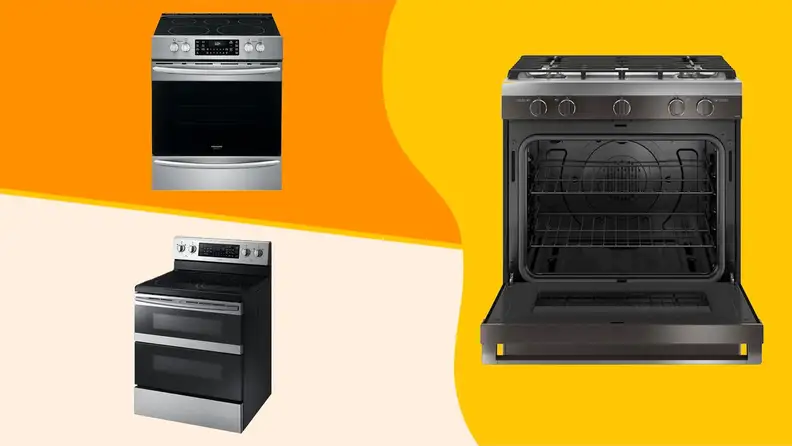 Three stoves against an orange background.