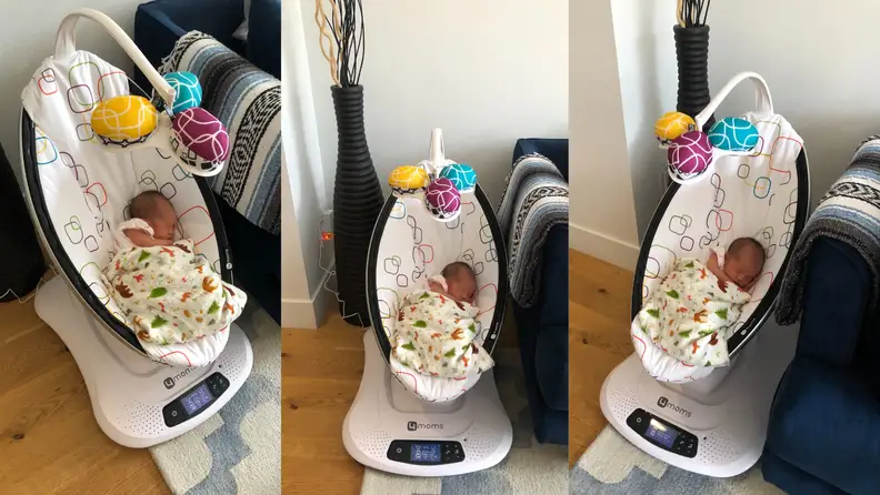 Different angles of newborn baby sleeping in multi-motion swing next to couch.