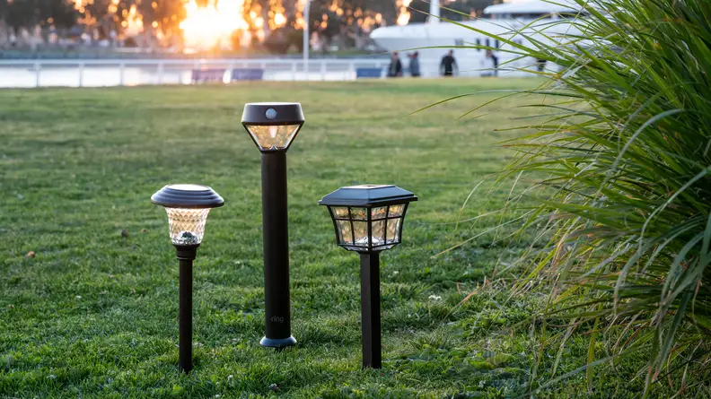 Three outdoor solar lights staked in grass at a park during daylight hours.