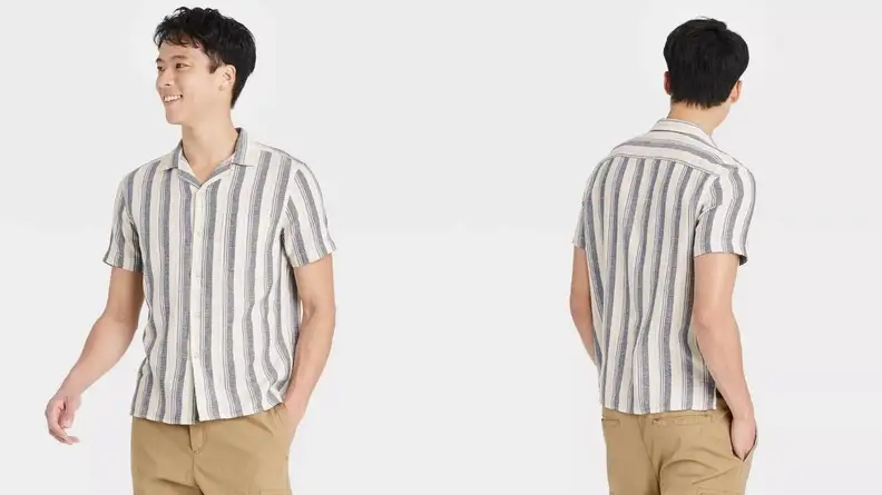 man wearing regular fit camp collar shirt with vertical lines on it from Target