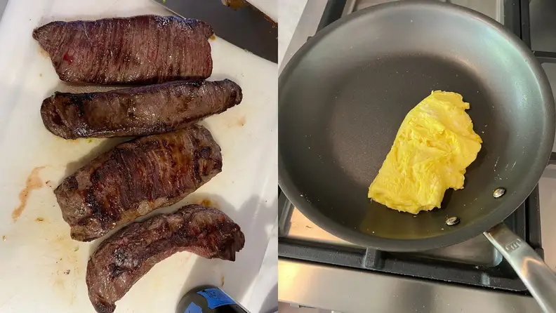 Left: Four seared steaks resting on a cutting board. Right: omelet cooking in a clean, nonstick pan