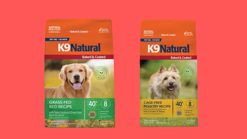 Two bags of dog food on a red background